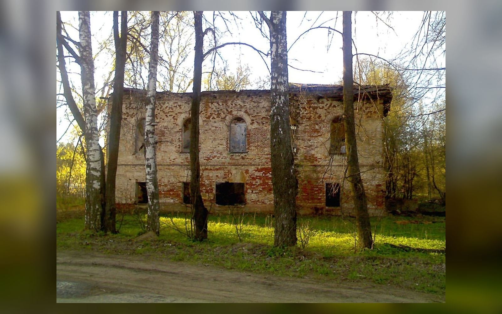 Кирпичный остов корпуса усадьбы Гребнево за берёзами